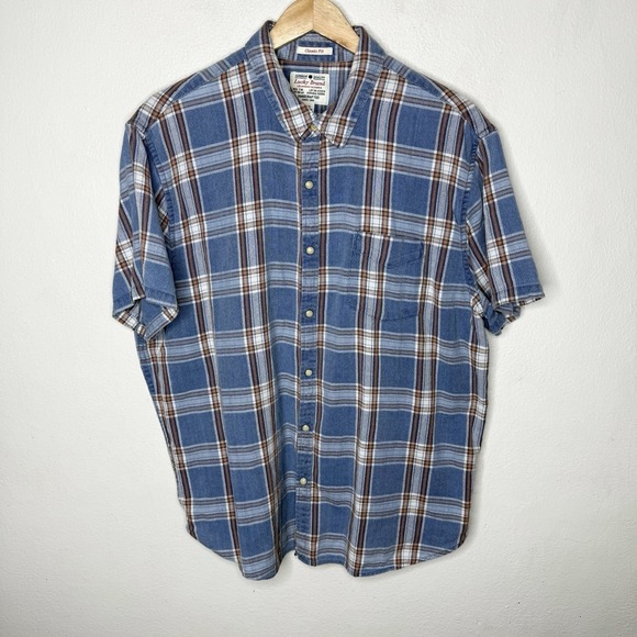Lucky Brand Blue Plaid Short Sleeve Snap Up Shirt Classic Fit Men's XL Western - Picture 1 of 10